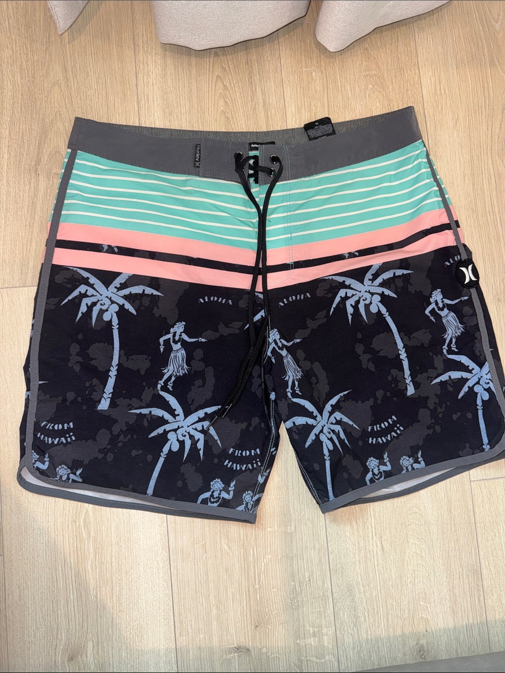 Hurley Black Boardshorts with Mint & Coral Stripe Accents